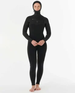 Combinaison de surf femme DAWN PATROL WARMTH 5/4 mm zip poitrine avec cagoule noir RIP CURL
