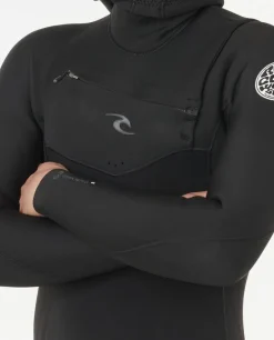 Combinaison de surf homme DAWN PATROL WARMTH 5/4 mm zip poitrine avec cagoule noir RIP CURL