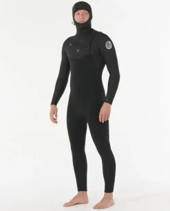 Combinaison de surf homme DAWN PATROL WARMTH 5/4 mm zip poitrine avec cagoule noir RIP CURL