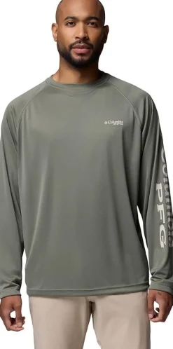 T shirt Manche longue de randonnée Homme TERMINAL TACKLE LS SHIRT CYPRESS. DARK STONE LOGO COLUMBIA